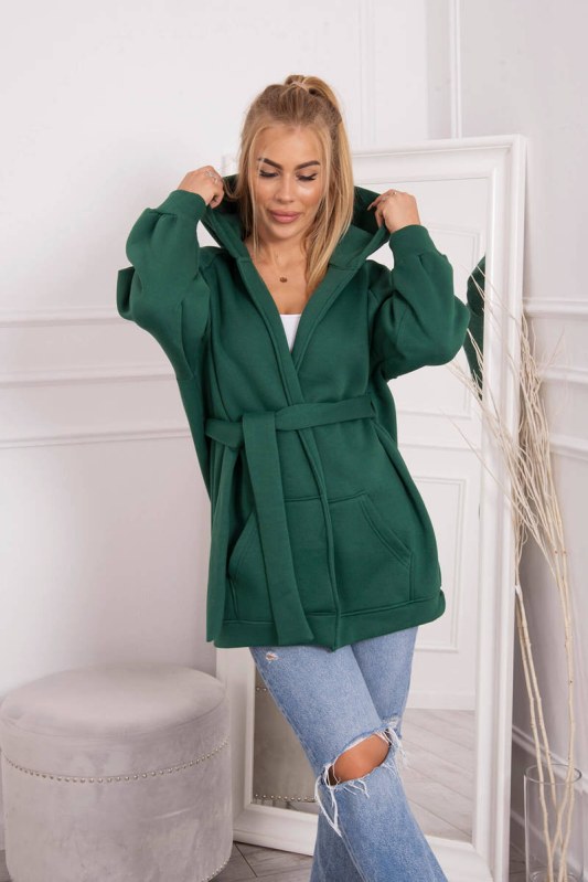 Zateplená bunda s vázáním v pase tmavě zelená - Dámské oblečení bundy
