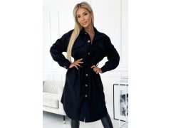 Teplý černý dámský kabát s kapsami, knoflíky a zavazováním v pase 493-2
