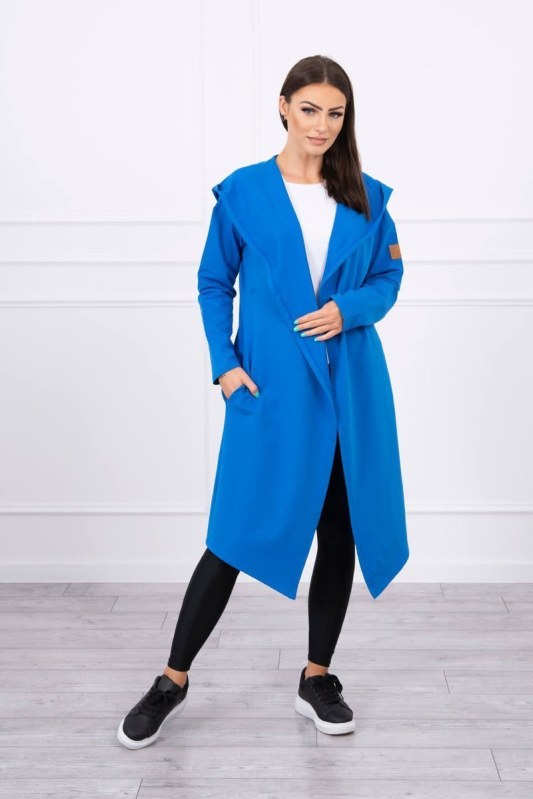 Dlouhý kabát s kapucí chrpově modrý - Dámské oblečení kabáty