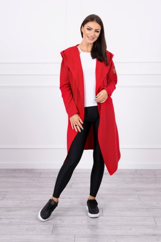 Dlouhý kabát s kapucí červený - Dámské oblečení kabáty
