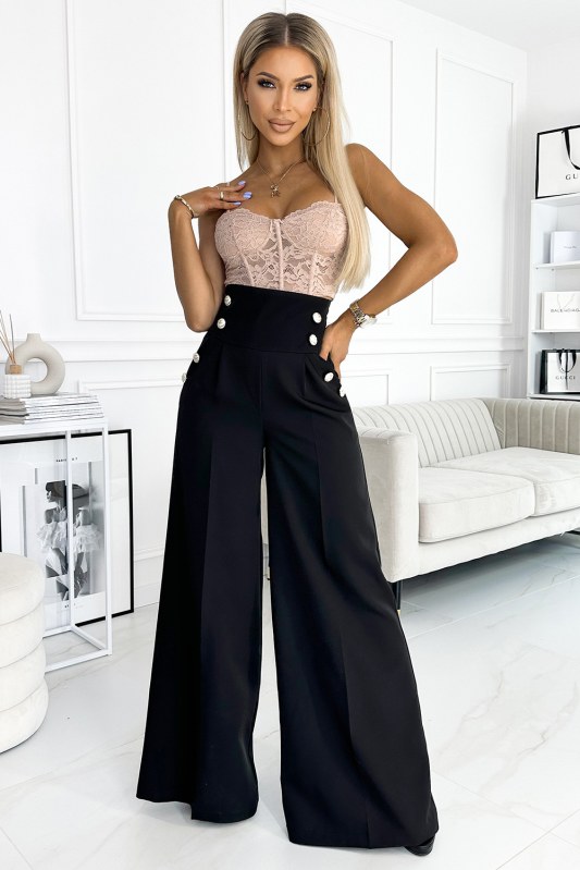 Elegantní černé dámské široké kalhoty s vysokým pasem a zlatými knoflíky 496-1 - Dámské oblečení kalhoty
