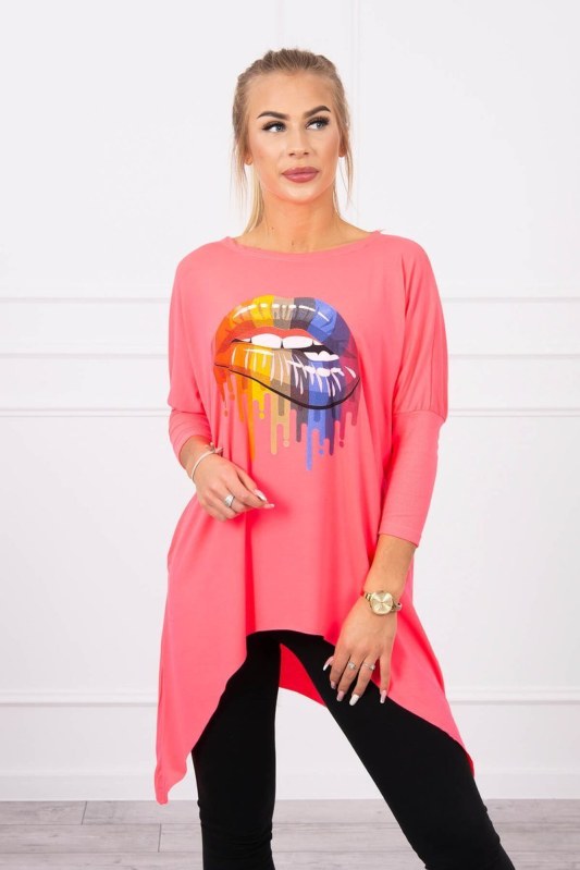 Oversize halenka s potiskem duhových rtů růžová neonová - Dámské oblečení košile a halenky