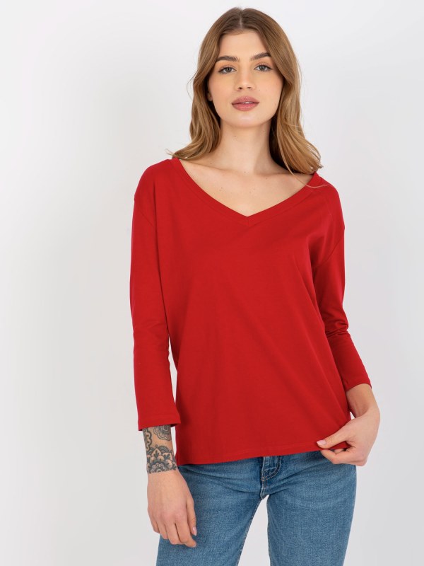 Základní červená bavlněná halenka s výstřihem - Dámské oblečení košile a halenky