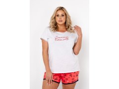 Dámské pyžamo Marina, krátký rukáv, krátké kalhoty - světlá meláž/červený potisk 6586310