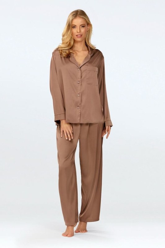 Dlouhé saténové pyžamo Amina hnědé - Dámské oblečení pyžama