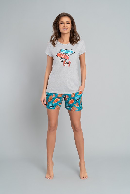 Dámské pyžamo Oceania, krátký rukáv, krátké kalhoty - světlá melanž/potisk - Dámské oblečení pyžama
