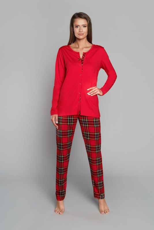 Dámské pyžamo Zorza dlouhé rukávy, dlouhé nohavice - červená/potisk - pyžama