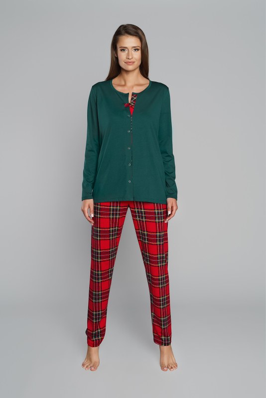 Dámské pyžamo Zorza, dlouhý rukáv, dlouhé nohavice - zelená/potisk - Dámské oblečení pyžama
