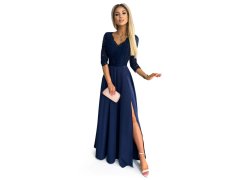 Elegantní dlouhé šaty s krajkovým výstřihem Numoco AMBER - tmavě modré