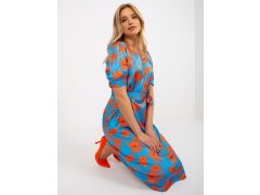 Modré a oranžové midi koktejlové šaty s páskem
