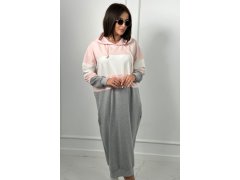 Tříbarevné šaty s kapucí pudrově růžová + ecru + šedá