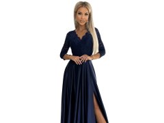 Krajkové dlouhé SATÉNOVÉ šaty s výstřihem Numoco - námořnická modrá
