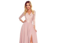 Elegantní dlouhé šaty s krajkovým výstřihem Numoco AMBER - pudrově růžové