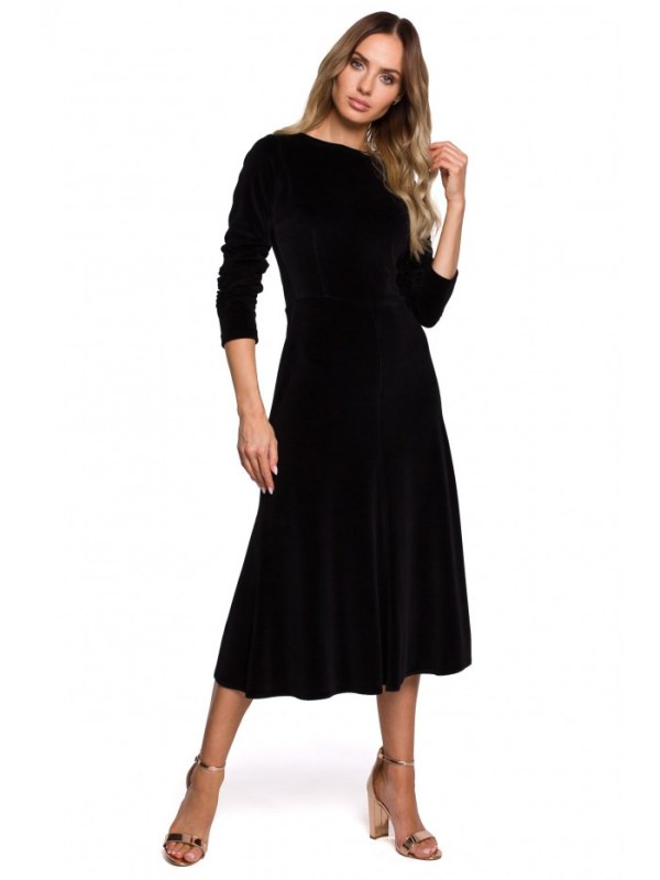 Dámské sametové midi šaty s volánkovými rukávy M557 černé - Moe - Dámské oblečení šaty