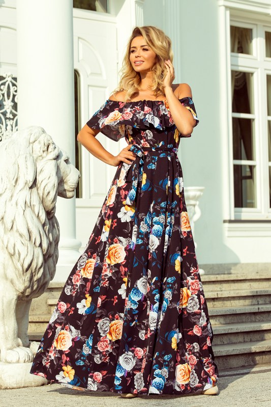 Dlouhé dámské černé šaty s barevnými květy a španělským výstřihem model 7118058 - Dámské oblečení šaty