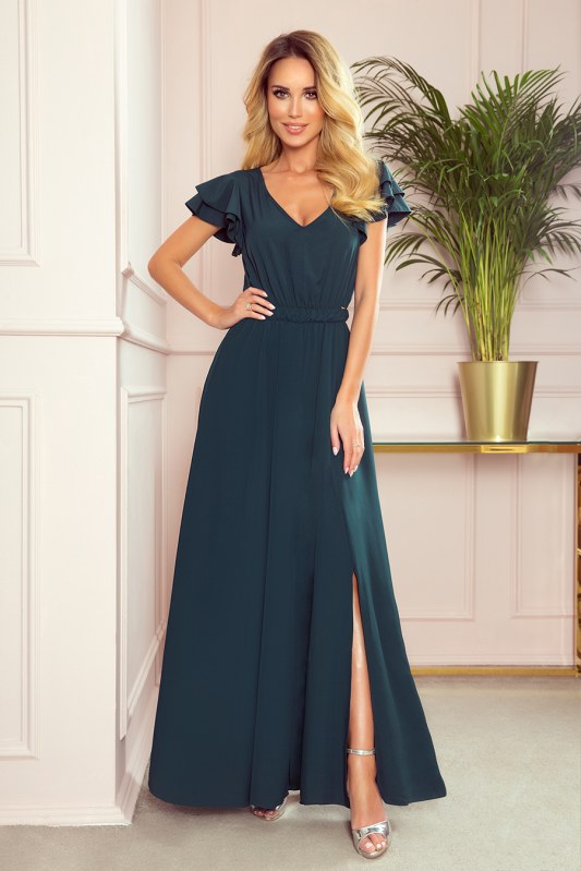 LIDIA - Dlouhé dámské šaty v lahvově zelené barvě s výstřihem a volánky 310-1 - Dámské oblečení šaty