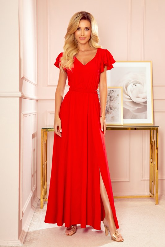 LIDIA - Dlouhé červené dámské šaty s volánky a dekoltem 310-2 - Dámské oblečení šaty