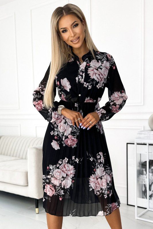 CARLA - Dámské plisované midi šaty s knoflíčky, dlouhým rukávy a se vzorem růží na černém pozadí 449-3 - Dámské oblečení šaty