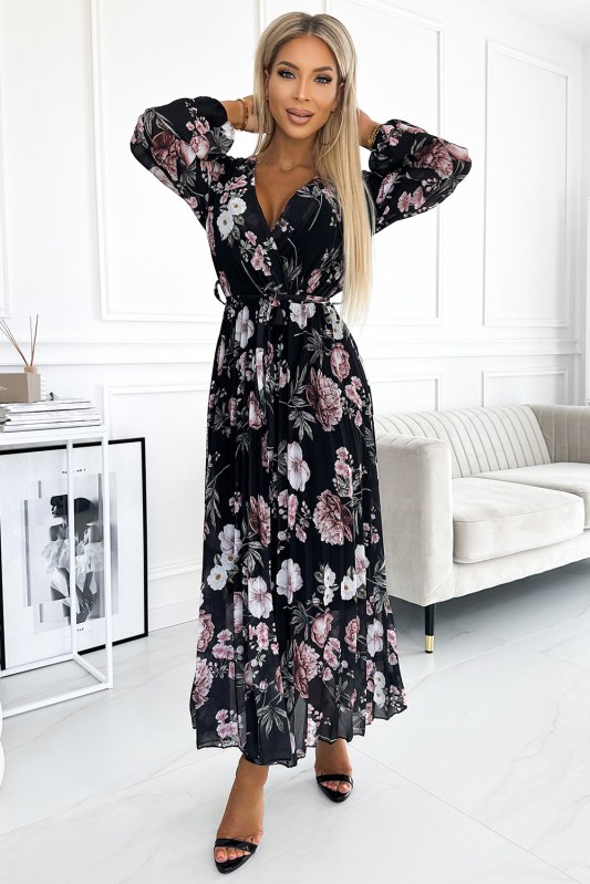 Černé dámské plisované midi šaty s výstřihem, dlouhými rukávy, zavazováním v pase a se vzorem růžových květů 502-1 - Dámské oblečení šaty