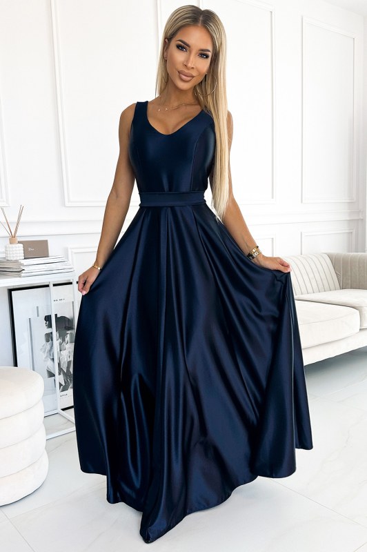 CINDY - Tmavě modré dlouhé dámské saténové šaty s výstřihem a mašlí 508-1 - Dámské oblečení šaty