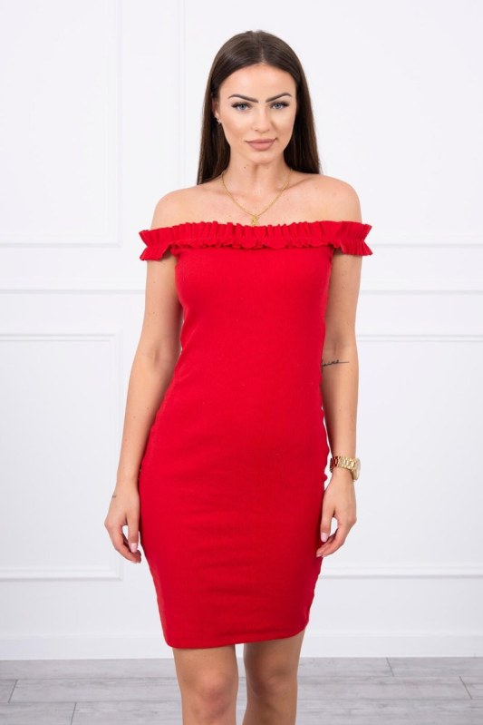 Šaty na ramena s volánky červené - Dámské oblečení šaty