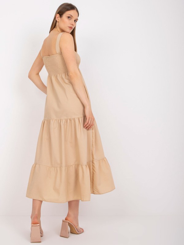 Béžové maxi šaty RUE PARIS na ramínka s volánem - Dámské oblečení šaty