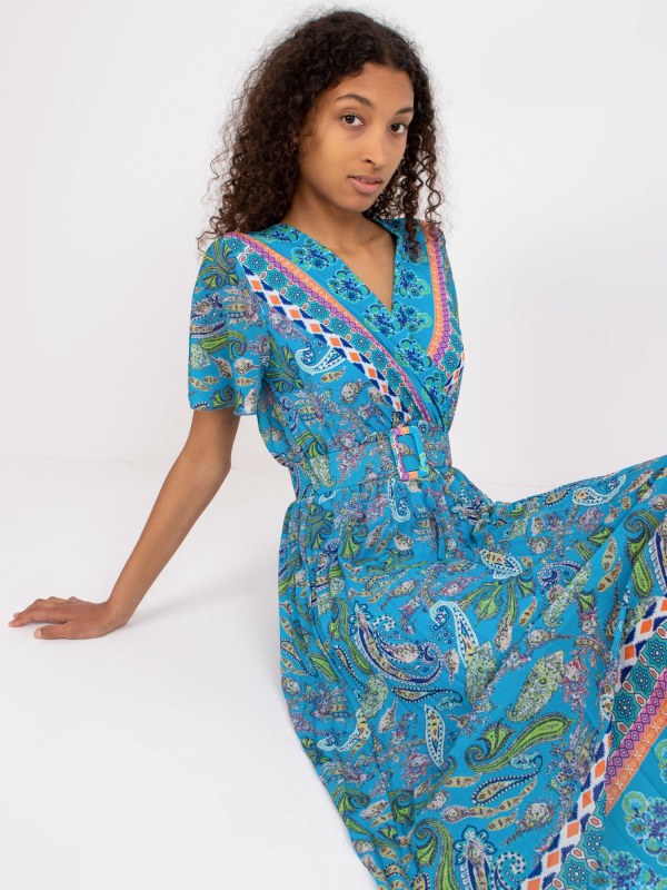 Modré midi paisley šaty se zavinovacím výstřihem - Dámské oblečení šaty