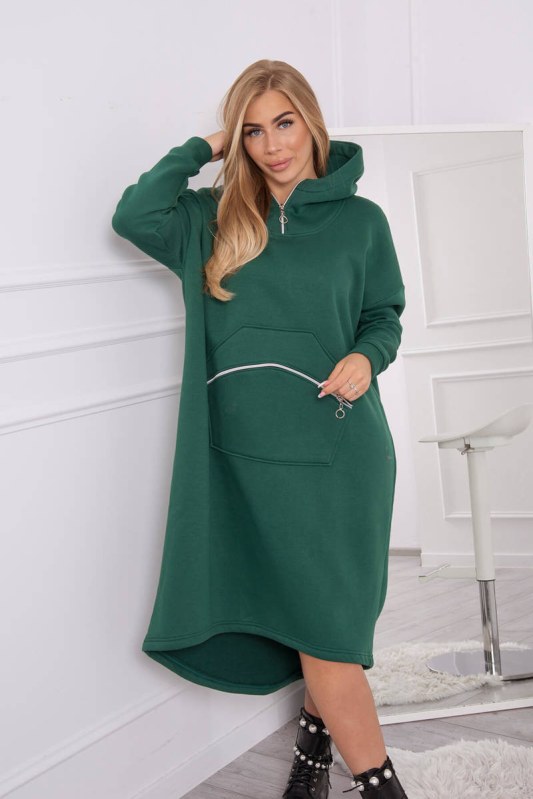 Zateplené šaty s kapucí tmavě zelené - Dámské oblečení šaty