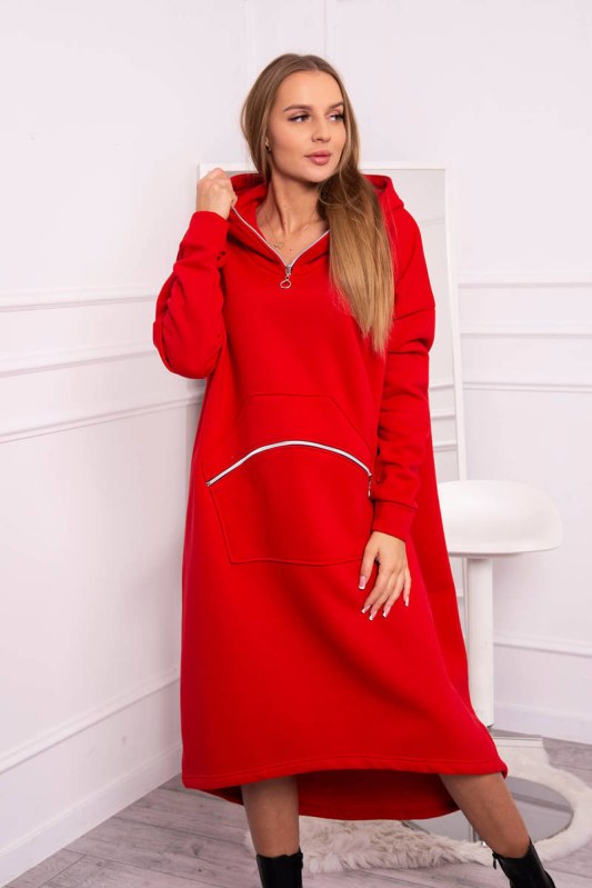 Zateplené šaty s kapucí červené - Dámské oblečení šaty
