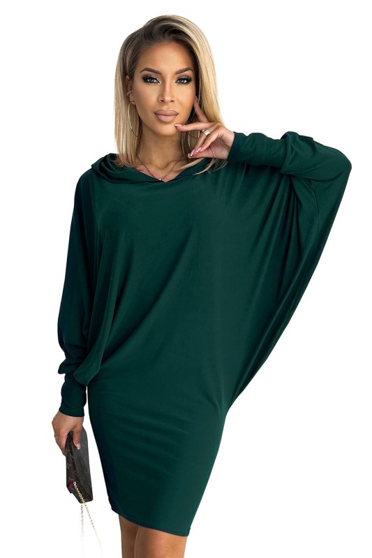 Šaty s netopýřími rukávy a kapucí Numoco - lahvově zelené - Dámské oblečení šaty