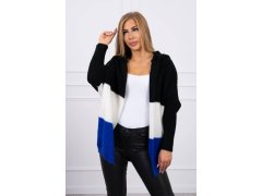 Tříbarevný svetr s kapucí černý+ecru+chabra