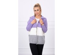 Tříbarevný svetr s kapucí fialová+ecru+šedá