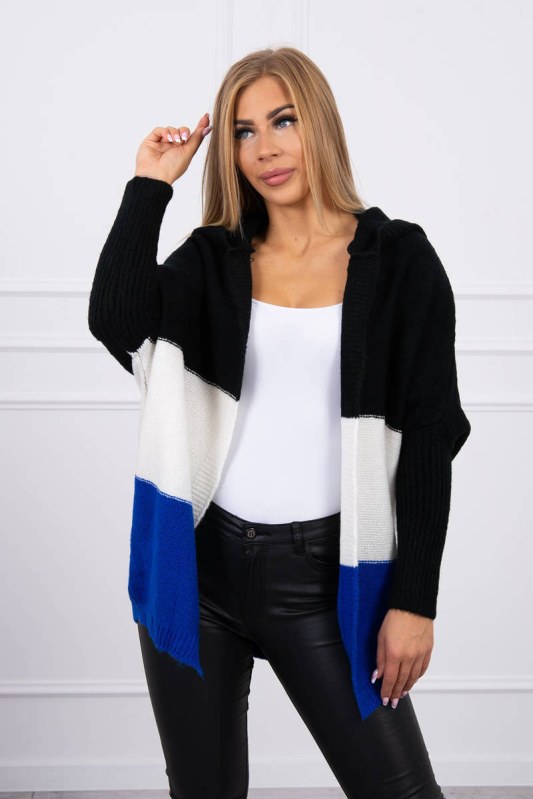 Tříbarevný svetr s kapucí černý+ecru+chabra - Dámské oblečení svetry