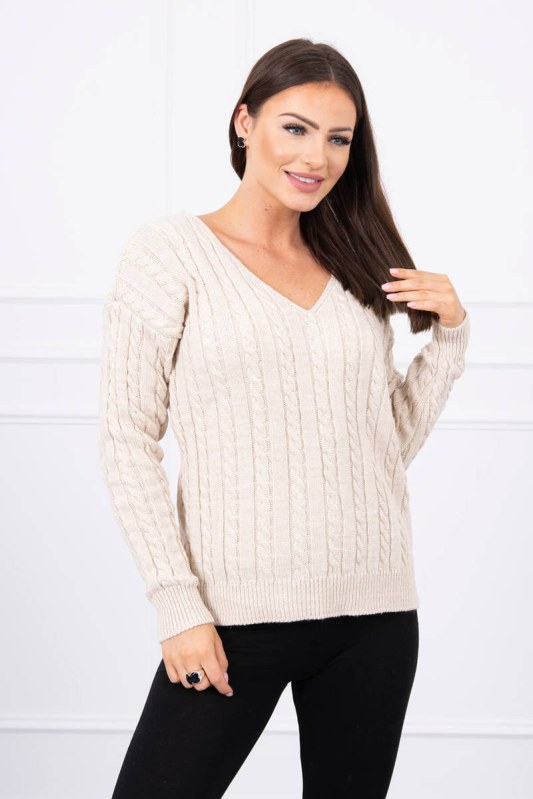 Pletený svetr s výstřihem do V béžový - Dámské oblečení svetry