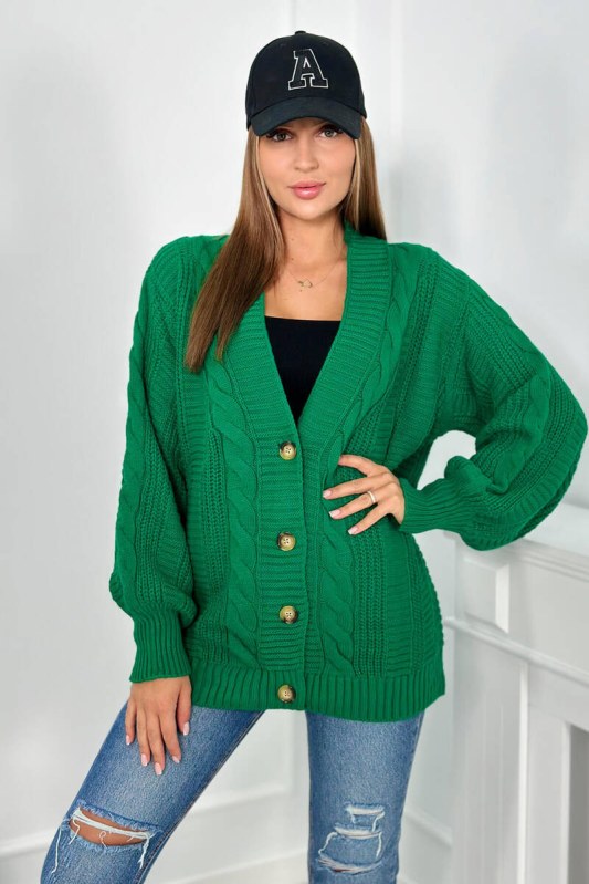 Svetr na knoflíky s buffovými rukávy zelený - Dámské oblečení svetry