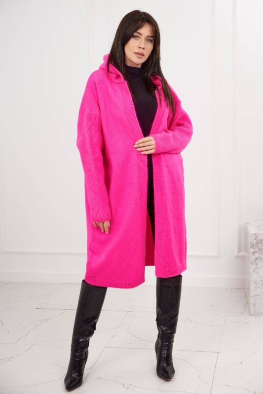 Kardigan s kapucí růžový neon - Dámské oblečení svetry