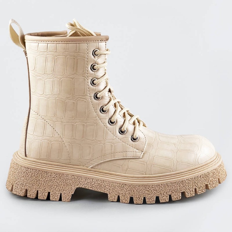 Béžové dámské šněrovací boty "krokodýl" (A9897) - Dámské boty kotníkové