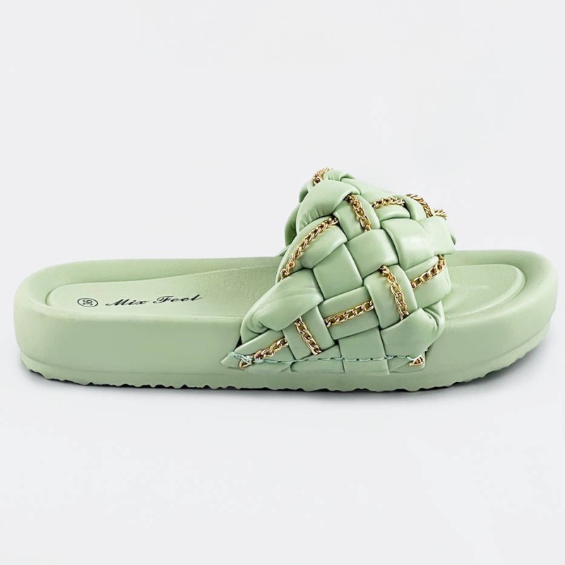 Zelené dámské pantofle se zapleteným páskem a řetízkem (AE120) - Dámské boty nazouváky