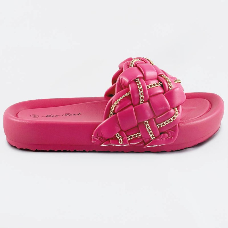 Dámské pantofle ve fuchsijové barvě se zapleteným páskem a řetízkem (AE120) - Dámské boty nazouváky