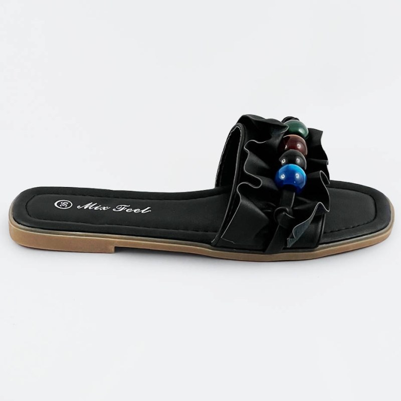 Černé dámské pantofle s plochou podrážkou (WWW-319) - Dámské boty pantofle