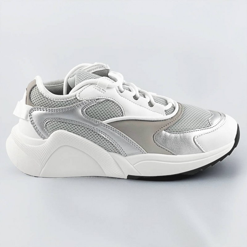Bílo-šedé šněrovací sneakersy s barevnými vsadkami (6346) - Dámské boty tenisky