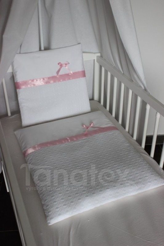 Plymo Exclusive - 4dílná sada - štykovaná bavlna bílá s růžovou stuhou - Pro děti a miminka Plymo do kočárku