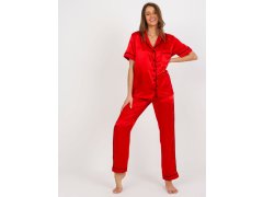 Červené dámské saténové pyžamo s košilí a kalhotami