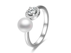 Beneto Otevřený stříbrný prsten se zirkony a perlou AGG339 L (60 - 63 mm)