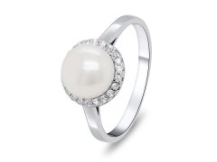 Brilio Silver Elegantní stříbrný prsten s perlou a zirkony RI034W 56 mm