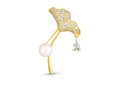 JwL Luxury Pearls Třpytivá pozlacená brož 2v1 s krystaly a pravou perlou Ginkgo JL0837
