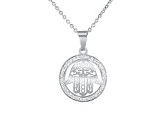 Silvego Ocelový náhrdelník s přívěskem ruky Fátimy s křišťálem KMM39914N