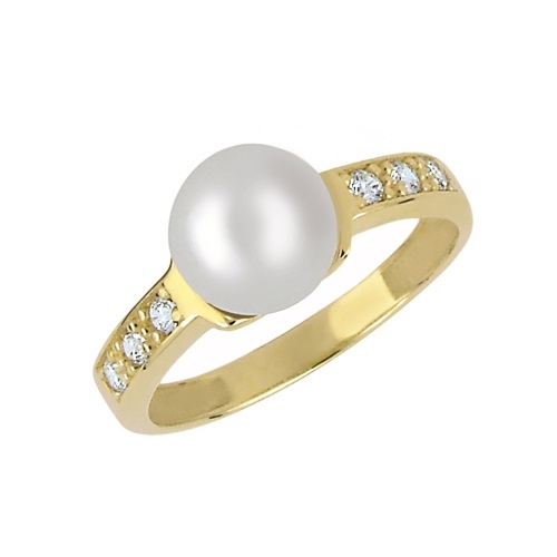 Brilio Půvabný prsten ze žlutého zlata s krystaly a pravou perlou 225 001 00237 56 mm - Prsteny Zásnubní prsteny