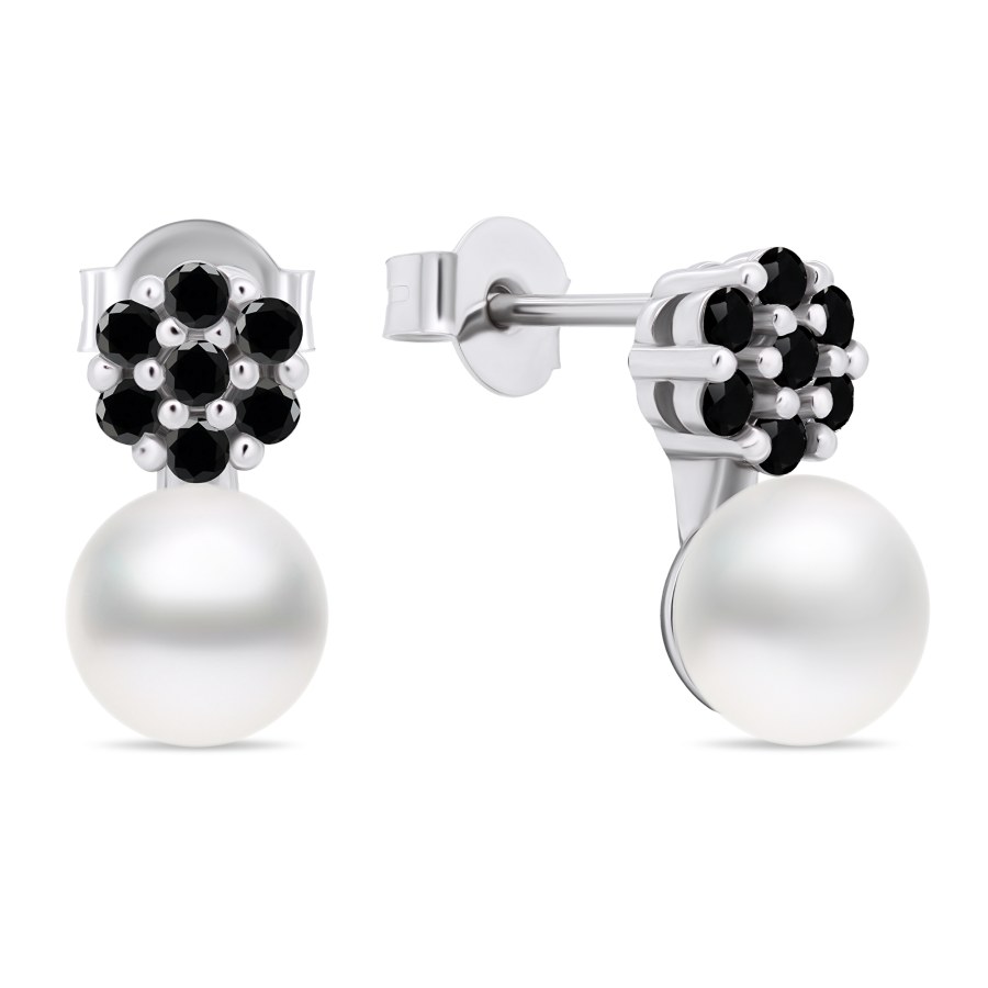 Brilio Silver Nepřehlédnutelné perlové náušnice s černými zirkony EA612WBC - Náušnice Visací náušnice