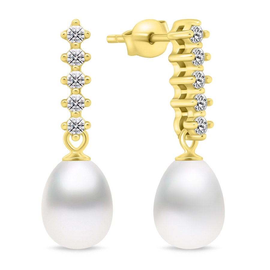 Brilio Silver Okouzlující pozlacené náušnice s perlou a zirkony EA950Y - Náušnice Visací náušnice